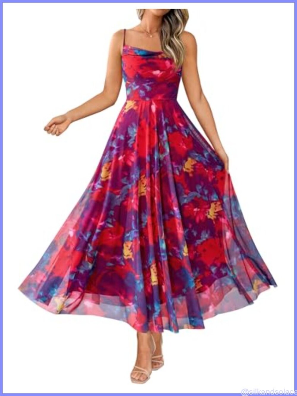 Elegant Floral Maxi Dress Cowl Neck A-Line Long Sleeve Summer Wedding Guest